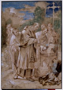 San Carlos Borromeo bautizando a un niño. La oveja muerta y los bocetos de capas de cuerpos junto a los cuales un hombre se tapa la nariz para no respirar el olor sugiere que el dibujo representa el arco de Milán San Carlos Borromeo (Carlo Borromeo)