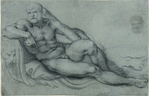 Estudio de Hércules descansando, con estudios separados de la cabeza y el pie (anverso); cuadrícula rectangular (reverso) de Annibale Carracci