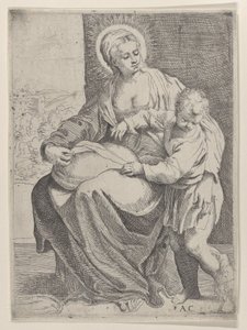 La Virgen sentada sosteniendo una almohada en su regazo con el joven Cristo de pie a la derecha..., 1580-1600 de Annibale Carracci