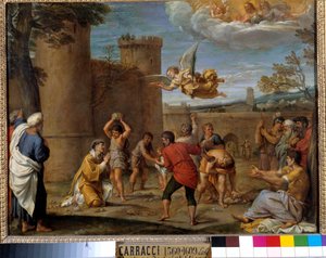 La lapidación de San Esteban: San Esteban (Esteban), fue el primer mártir cristiano que murió lapidado en el 36 d.C. Pintura de Annibale Carracci o Annibal Carrache (1560-1609). Siglo XVI. París