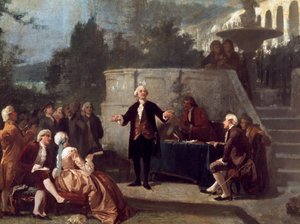 El dramaturgo italiano Carlo Goldoni (1707-1793) declara un soneto ante los miembros de la Colonia Alfea en el Jardín Scotto de Pisa. Pintura de Annibale Gatti de Annibale Gatti