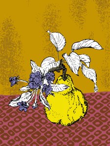 Membrillos y flores moradas