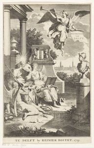 Alegoría de Delft Descripción de Delft (título del objeto) Página de título para: S.n., Beschryving der stadt Delft, 1729 de Anonymous