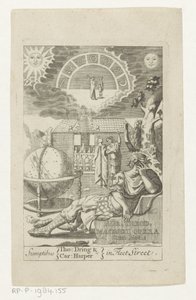 Ambrosius Theodosius Macrobius leunend op steen naast globo Oro Teod. Macrobius Opera Cum Notis (título sobre el objeto) Titelpage voor: Ambrosius Theodosius Macrobius, Aur. Teodosio Macrobio V. Cl. y obras ilustres, 1694 de Anonymous