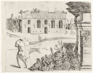 Arquitectura capriccio con spolia, un torso masculino y una vista de las Termas de Diocleciano de Anonymous