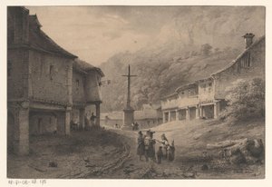 Pueblo de montaña con monumento