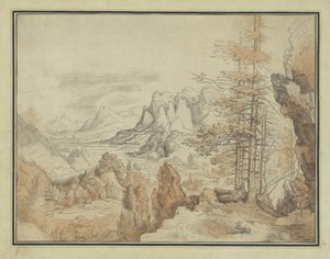 Paisaje de montaña con árboles y cara en un valle de Anonymous