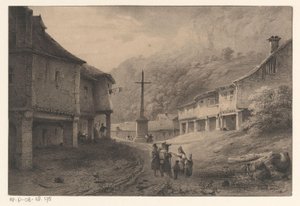 Paisaje de montaña con figuras y vacas