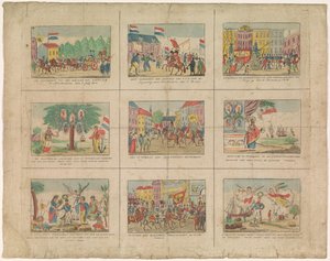 Hoja con 9 representaciones de acontecimientos históricos de los años 1813-1814 (título en el objeto) de Anonymous