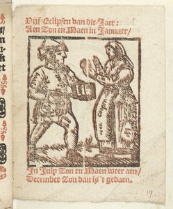 Paje con figuras de pie de un vendedor ambulante y una mujer, 1712 En que Lidt de Maen es / donde mueres / dejas desnudo a menos que sea gran nota; Als Peste / Pleures is / ende sulck quaet / oock niet sonder des Meestersraet (título sobre el objeto) de Anonymous