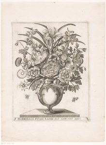 Bloemen en vaas met halffiguren LA IMAGEN DE LA(S) FLOR(ES) PARPADEAR(S) RÁPIDAMENTE NOS RECUERDA LA EDAD (título sobre objeto) de Anonymous