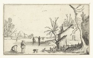 Granja por río congelado con patinadores en el hielo Pequeños paisajes (copias) (título de la serie) de Anonymous