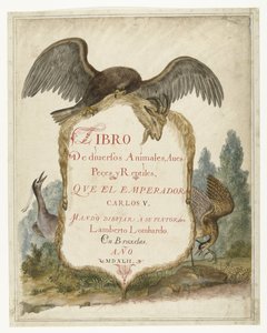 Cartela sostenida por un águila real, un graznador y un avetoro
Álbum Lombardo (título de la serie)