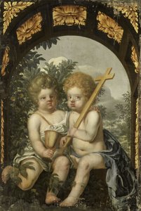 Alegoría cristiana con dos niños con cruz y cáliz