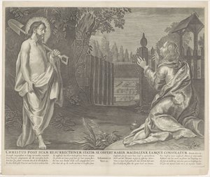Christus verchicht als tuinman aan María Magdalena (No me toques) Cristo inmediatamente después de su resurrección se ofrece a María Magdalena y la consuela (título sobre el objeto) Royal Bijbel (título de la serie) de Anonymous