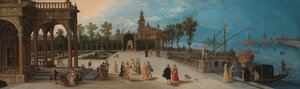 Fiesta de baile en el patio de un palacio imaginario con una vista de Capriccio de Venecia en la distancia