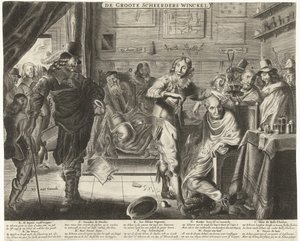 El campesino en la gran peluquería, hacia 1650 De Groote Scheerders Winckel (título sobre el objeto) de Anonymous