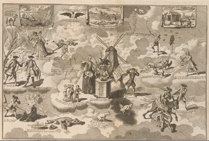 El accionista derrotado en la silla que suena, 1720 El Accionista Derrotado en la Silla con Rinkels, persuadido por el Caballo de Troya de Lauwerd (título sobre el objeto) La gran escena de la locura (título de la serie) de Anonymous