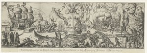 El mundo está dividido en la República pacífica por un lado, y el caos y la violencia infligidos a la Iglesia de Roma por el otro. Perro Donder van den Helschen impotente contra la verdad desnuda y el pacto Eendragtig, 1617 (título sobre el objeto) de Anonymous