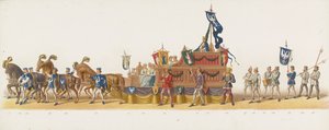 Procesión de Delft de 1873 (octava placa) Procesión disfrazada realizada por los miembros del Cuerpo de Estudiantes de Delft el 8 de julio de 1873, que representa la entrada de Karel van Egmond, duque de Gelre, conde de Zutphen, en Arnhem en 1492 (serie