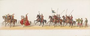 Procesión de Delft de 1873 (tercera placa) Procesión disfrazada realizada por los miembros del Cuerpo de Estudiantes de Delft el 8 de julio de 1873, que representa la entrada de Karel van Egmond, duque de Gelre, conde de Zutphen, en Arnhem en 1492 (serie t