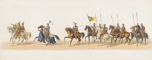 Procesión de Delft de 1873 (primer plato) Procesión disfrazada realizada por los miembros del Cuerpo de Estudiantes de Delft el 8 de julio de 1873, que representa la entrada de Karel van Egmond, duque de Gelre, conde de Zutphen, en Arnhem en 1492 (serie t de Anonymous