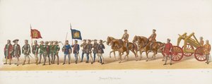 Procesión de Delft de 1873 (noveno plato) Procesión disfrazada realizada por los miembros del Cuerpo de Estudiantes de Delft el 8 de julio de 1873, que representa la entrada de Karel van Egmond, duque de Gelre, conde de Zutphen, en Arnhem en 1492 (serie de Anonymous