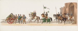 Procesión de Delft de 1873 (décimo plato) Procesión disfrazada realizada por los miembros del Cuerpo de Estudiantes de Delft el 8 de julio de 1873, que representa la entrada de Karel van Egmond, duque de Gelre, conde de Zutphen, en Arnhem en 1492 (serie t de Anonymous
