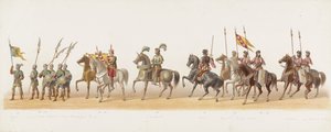 Procesión de Delft de 1873 (cuarto plato) Procesión disfrazada realizada por los miembros del Cuerpo de Estudiantes de Delft el 8 de julio de 1873, que representa la entrada de Karel van Egmond, duque de Gelre, conde de Zutphen, en Arnhem en 1492 (serie t