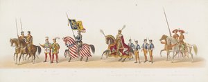 Procesión de Delft de 1873 (quinto plato) Procesión disfrazada realizada por los miembros del Cuerpo de Estudiantes de Delft el 8 de julio de 1873, que representa la entrada de Karel van Egmond, duque de Gelre, conde de Zutphen, en Arnhem en 1492 (serie t de Anonymous