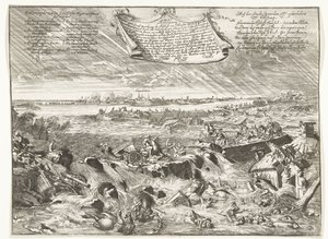 Dijkdoorbraak cerca de Coevorden, 1673 Figura cómo y qué forma el, por decreto del obispo de Munster (...) (título sobre objeto)