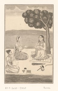 Tres mujeres indias sentadas junto a un árbol