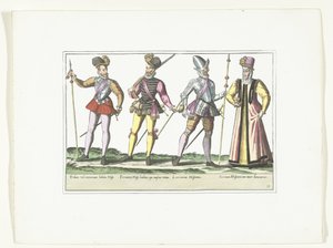Tres soldados españoles uniformados y un comerciante, hacia 1580 Trajes militares españoles (título sobre objeto) de Anonymous