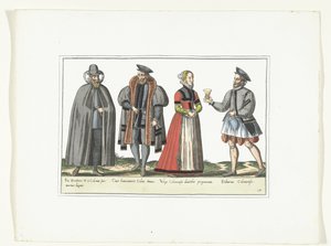 Tres hombres y una mujer vestidos a la moda alemana, hacia 1580 Vestuario Allemands (título sobre objeto)