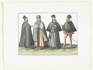 Tres hombres y una mujer vestidos a la moda extranjera, hacia 1580 Modes étrangères (título sobre objeto) de Anonymous