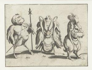 tres monstruos Figuras grotescas rodeadas por una línea de encuadre (título de la serie) de Anonymous