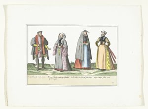Tres mujeres y un hombre vestidos a la moda alemana, hacia 1580 Vestuario Allemands (título sobre objeto) de Anonymous