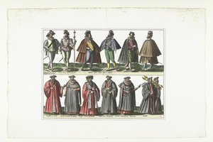 Placa doble con doce hombres vestidos a la moda francesa, hacia 1580 Disfraces Français (título sobre el objeto)