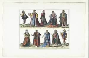 Placa doble con cinco hombres y cinco mujeres vestidos a la moda inglesa, hacia 1580 Vestuario inglés (título sobre el objeto)