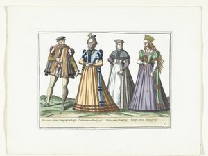 Un hombre y tres mujeres vestidos a la moda alemana en Danzig, hacia 1580 Vestuario Allemands (título sobre objeto) de Anonymous