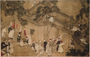 Un templo con trabajadores de la construcción en el trabajo. Las maravillas de Mazu (título de la serie)