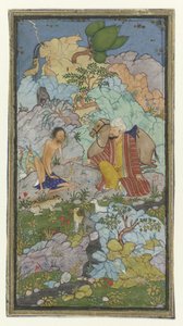 Episodio de la historia de amor de Laila y Majnun, el demacrado Majnun se sienta en un paisaje con un hombre y su camello. de Anonymous