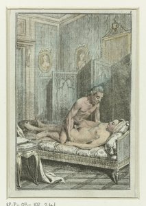 Serie Erótica con Parejas en la Cama Pareja copulando para biombo Escenas eróticas (título de la serie) de Anonymous