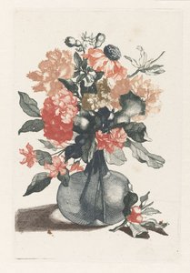 Cinco impresiones de flores en jarrones de vidrio Jarrón de cristal con flores y una rama con flor delante del jarrón de Anonymous