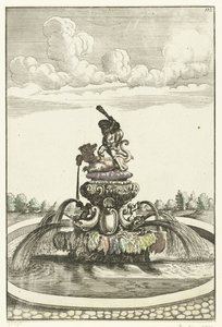 Fontein met Hercules en Ladon Architectura Curiosa Nova (series title) de Anonymous