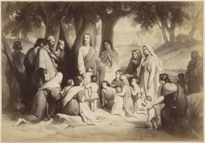 Reproducción fotográfica de (presuntamente) una estampa de Jesús con niños (Dejad que los niños vengan a mí) de Anonymous