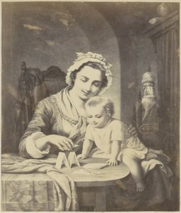 Reproducción fotográfica de (presumiblemente) una impresión de una madre construyendo un castillo de naipes con su hijo de Anonymous