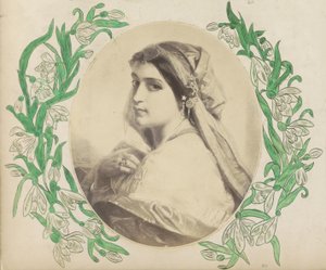 Reproducción fotográfica de (presumiblemente) una impresión que representa a una mujer con un pañuelo en la cabeza