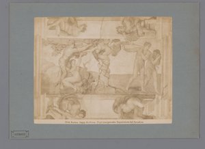 Reproducción fotográfica del fresco La Caída y Expulsión del Paraíso de Miguel Ángel en la Capilla Sixtina Roma. cap. sistina El primo peccato. Espulsione dal Paradiso (título sobre objeto) de Anonymous