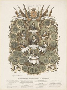 Placa conmemorativa y festiva con retratos de Guillermo I, Príncipe de Orange, sus hijos Maurits y Frederik Hendrik, Príncipes de Orange, sus hermanos Lodewijk, Adolf y Hendrik, Condes de Nassau y Willem Bloys van Treslong de Anonymous